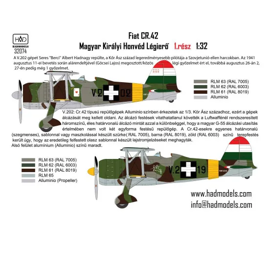 Had Models 32074 1/32 Decal For Cr-42 Royal Hungarian Air Force With Cross Insignias For Icm