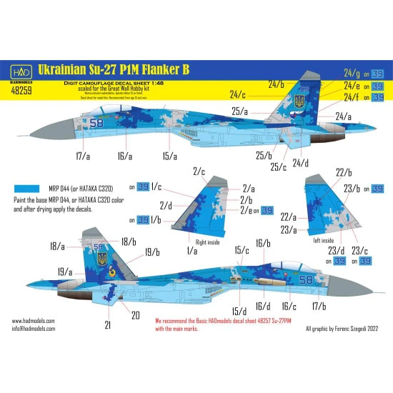 Had Models 48259 1/48 Decal For Ukrainian Su-27 P1m Flanker B Digit Camouflage