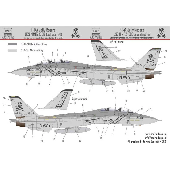 Had Models 48197 1/48 Decal For F-14a Vf-84 Jolly Rogers 1986 Low Visibility With Stencils