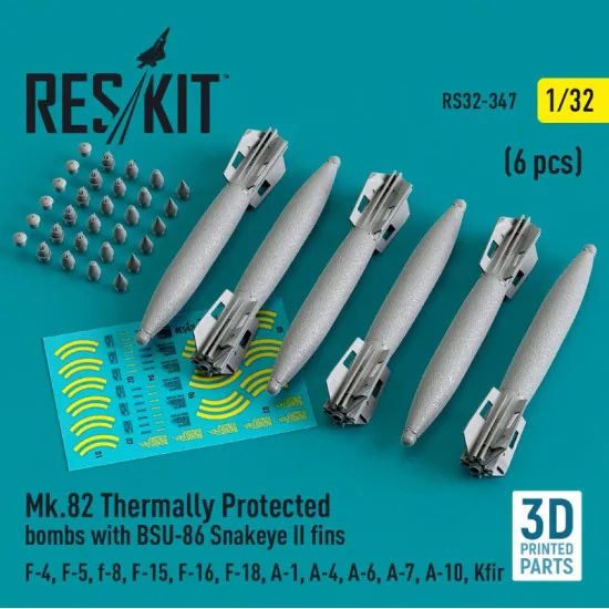 Reskit Rs32-0347 1/32 Mk.82 Thermally Protected Bombs With Bsu86 Snakeye Ii Fins F14 F A18 A6 A7 Av8 S3 6 Pcs 3d Printed