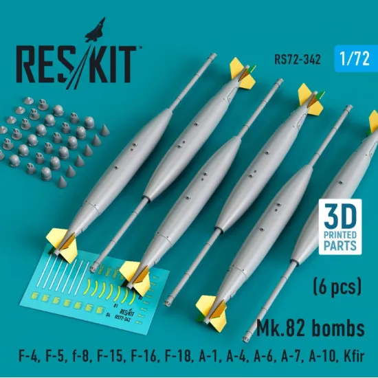 Reskit Rs72-0342 1/72 Mk.82 Bombs F4 F5 F8 F15 F16 F18 A1 A4 A6 A7 A10 Kfir Av8 6 Pcs 3d Printed