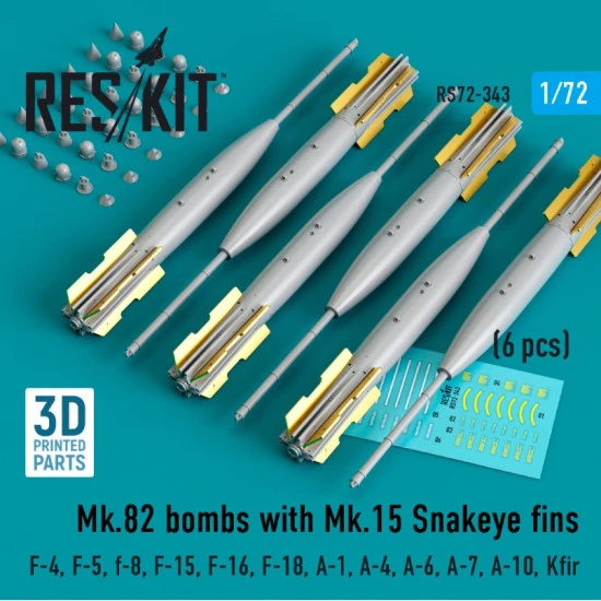 Reskit Rs72-0343 1/72 Mk.82 Bombs With Mk.15 Snakeye Fins F4 F5 F8 F15 F16 F18 A1 A4 A6 A7 A10 Kfir 6 Pcs 3d Printed