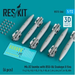 Reskit Rs72-0346 1/72 Mk.82 Bombs With Bsu86 Snakeye Ii Fins F14 Fa18 A6 A7 Av8 S3 6 Pcs 3d Printed