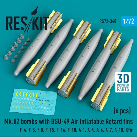 Reskit Rs72-0348 1/72 Mk.82 Bombs With Bsu49 Air Inflatable Retard Fins F4 F5 F8 F15 F16 F18 A1 A4 A6 A7 A10 Kfir 6 Pcs 3d Printed