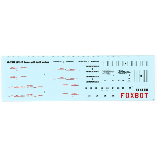 Foxbot 48-087 1/48 Stencils For Missile Kh 25ml As 10 Karen With Death Wishes Ukranian Air Forces For Soviet Aircraft Kits
