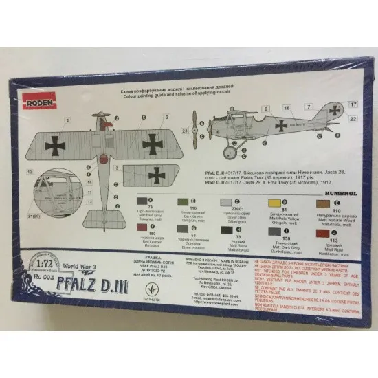 Roden 003 1/72 German Biplane Fighter Pfalz D.iii Aircraft World War I