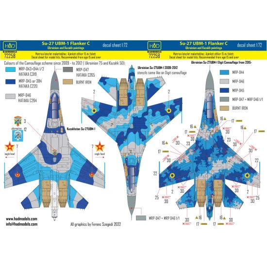 Had Models 72258 1/72 Decal For Su-27 Ub Ukrainian And Kazakh