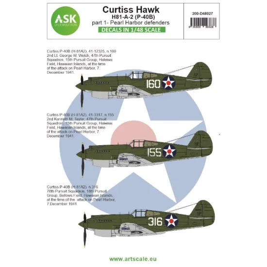 Ask D48027 1/48 Decal Curtiss Hawk 81-a-2 P-40b Part 1 Pearl Harbor Defenders