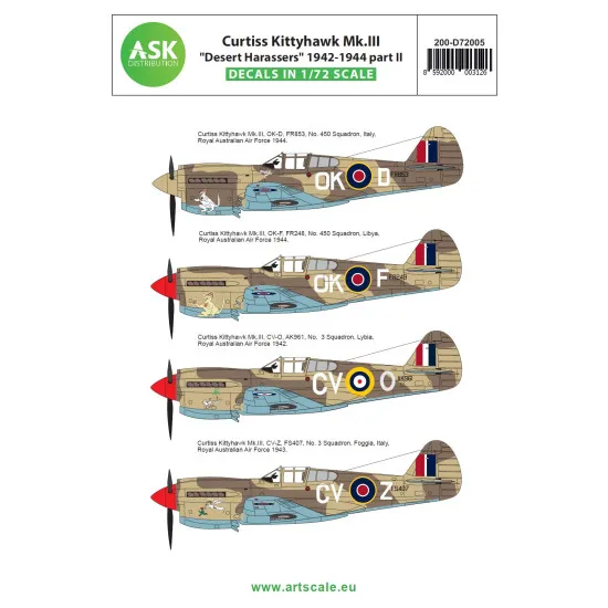 Ask D72005 1/72 Decal Curtiss Kittyhawk Mk.iii Desert Harassers North Africa / Italy 1942-1944 Part Ii