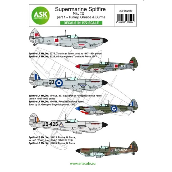Ask D72010 1/72 Decal For Spitfire Mk.ixc And Mk.ixe Part 1 Greece Turkiye Burma