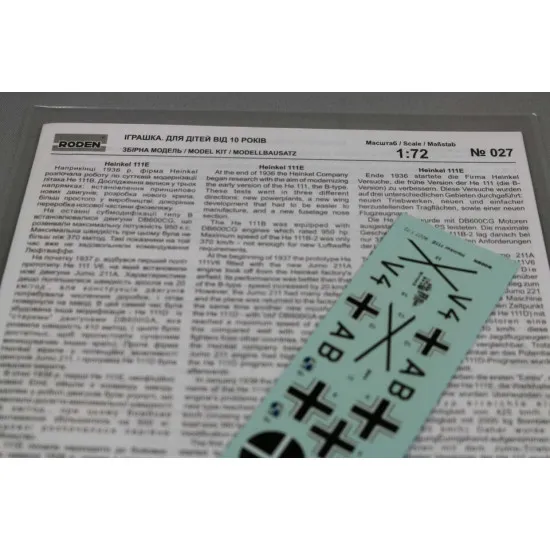 Roden 027 1/72 He-111e German Bomber Wwi Plastic Model Kit