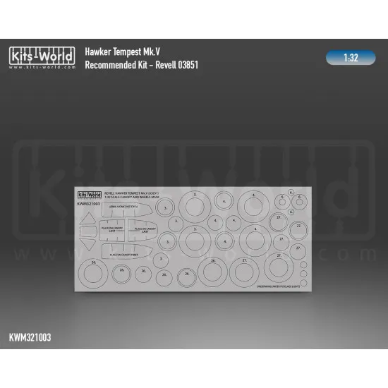 Kits World Kwm32-1003 1/32 Mask For Hawker Tempest Mk.v Canopy/Wheel