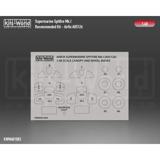 Kits World Kwm48-1003 1/48 Mask For Supermarine Spitfire Mk.i Canopy/Wheels For Airfix A05126
