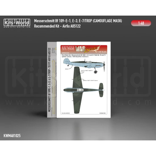 Kits World Kwm48-1025 1/48 Mask For Messerschmitt Bf 109e-1, E-3, E-7 Splinter Scheme Set Airfix A05122