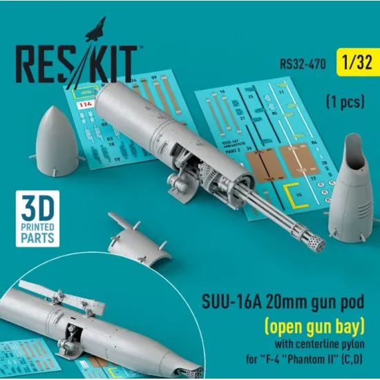 Reskit Rs32-0470 1/32 Suu 16a 20mm Gun Pod Open Gun Bay With Centerline Pylon For F4 Phantom Ii C D 1 Pcs 3d Printed