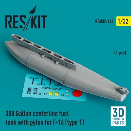Reskit Rsu32-0142 1/32 300 Gallon Centerline Fuel Tank With Pylon For F16 Type1 1pcs 3d Printed