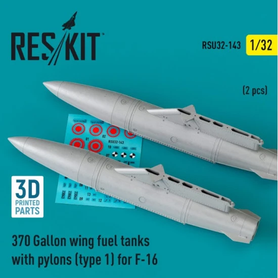 Reskit Rsu32-0143 1/32 370 Gallon Wing Fuel Tanks With Pylons Type 1 For F16 2 Pcs 3d Printed