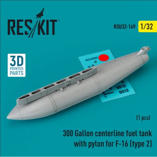 Reskit Rsu32-0149 1/32 300 Gallon Centerline Fuel Tank With Pylon For F16 Type 2 1 Pcs 3d Printed