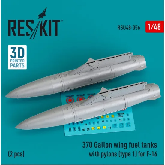 Reskit Rsu48-0356 1/48 370 Gallon Wing Fuel Tanks With Pylons Type1 For F16 2 Pcs 3d Printed