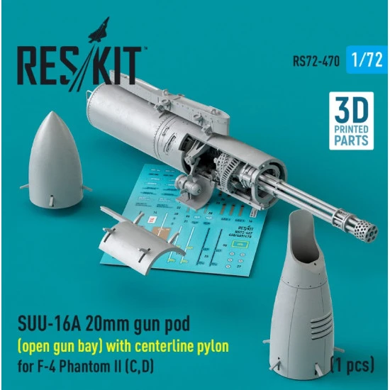 Reskit Rs72-0470 1/72 Suu 16a 20mm Gun Pod Open Gun Bay With Centerline Pylon For F4 Phantom Ii C D 1pcs 3d Printed