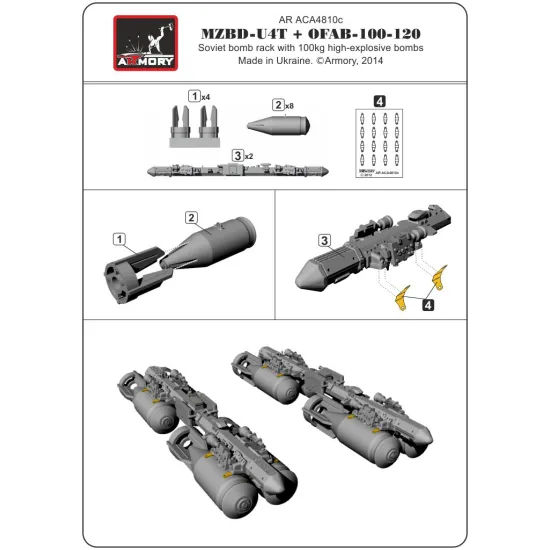Armory Aca4810c 1/48 Mzbd-4ut W/ 4x Ofab-100-120 Soviet High-explosive Bombs Resin Ordnance Set W/ Pe Parts