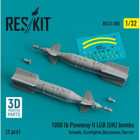 Reskit Rs32-0380 1/32 1000 Lb Paveway Ii Lgb Uk Bombs 2 Pcs Tornado Eurofighter Buccaneer Harrier 3d Printed