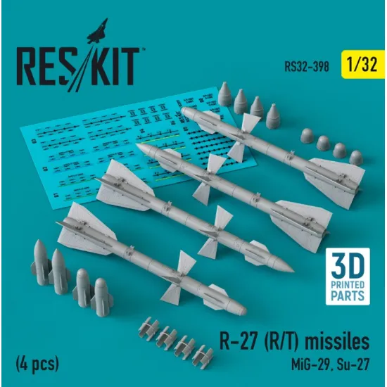 Reskit Rs32-0398 1/32 R27 Rt Missiles 4 Pcs Mig29 Su27 3d Printed