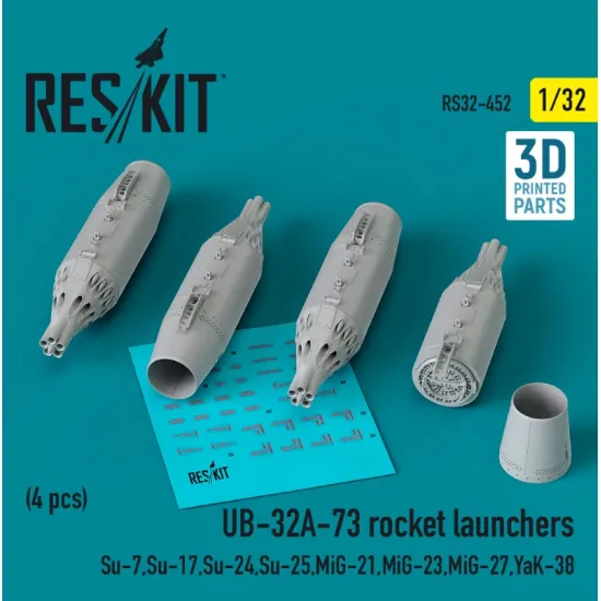 Reskit Rs32-0452 1/32 Ub32a73 Rocket Launchers 4 Pcs Su7 Su17 Su24 Su25 Mig21 Mig23 Mig27 Yak38 3d Printed