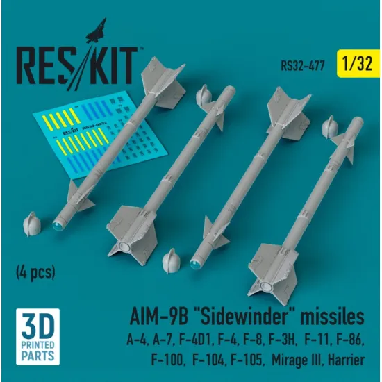Reskit Rs32-0477 1/32 Aim9b Sidewinder Missiles 4 Pcs A4 A7 F4d1 F4 F8 F3h F11 F86 F100 F104 F105 Mirage Iii Harrier 3d Printed