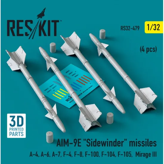 Reskit Rs32-0479 1/32 Aim 9e Sidewinder Missiles 4 Pcs A4 A6 A7 F4 F8 F100 F104 F105 Mirage Iii 3d Printed