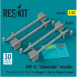 Reskit Rs32-0480 1/32 Aim 9j Sidewinder Missiles 4 Pcs F4 F5 F16 F15 F14 Mirage F.1 Harrier Mirage Iii Hawk 3d Printed