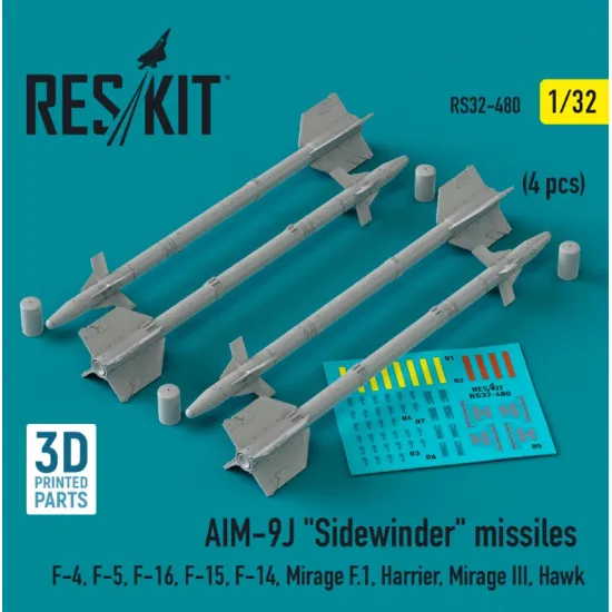 Reskit Rs32-0480 1/32 Aim 9j Sidewinder Missiles 4 Pcs F4 F5 F16 F15 F14 Mirage F.1 Harrier Mirage Iii Hawk 3d Printed