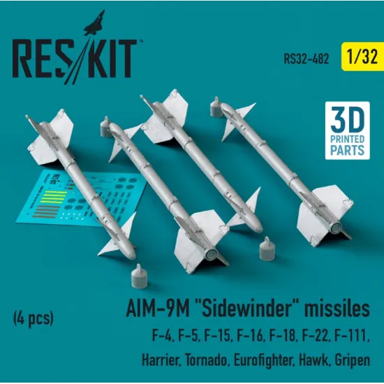 Reskit Rs32-0482 1/32 Aim 9m Sidewinder Missiles 4 Pcs F4 F5 F15 F16 F18 F22 F111 Harrier Tornado Eurofighter Hawk Gripen 3d Printed