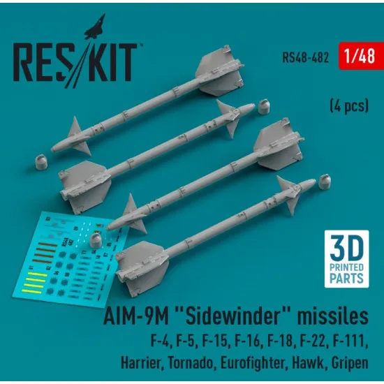 Reskit Rs48-0482 1/48 Aim 9m Sidewinder Missiles 4pcs F4 F5 F15 F16 F18 F22 F111 Harrier Tornado Eurofighter Hawk Gripen 3d Printed