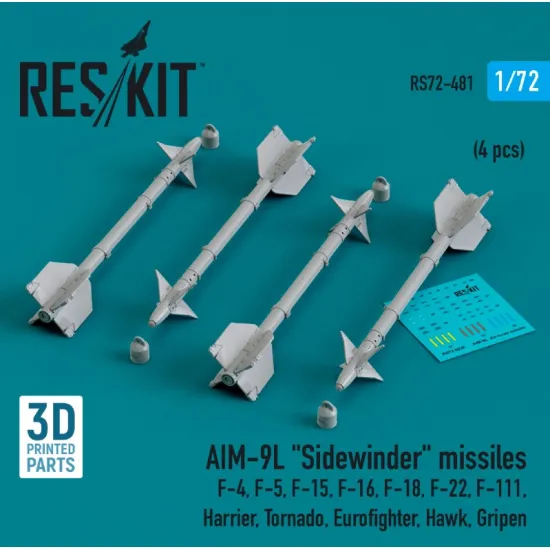 Reskit Rs72-0481 1/72 Aim 9l Sidewinder Missiles 4pcs F4 F5 F15 F16 F18 F22 F111 Harrier Tornado Eurofighter Hawk Gripen 3d Printed