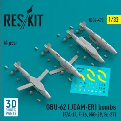 Reskit Rs32-0472 1/32 Gbu 62 Jdam Er Bombs 4pcs F A18 F16 Mig29 Su27 3d Printed