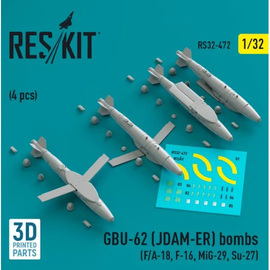 Reskit Rs32-0472 1/32 Gbu 62 Jdam Er Bombs 4pcs F A18 F16 Mig29 Su27 3d Printed