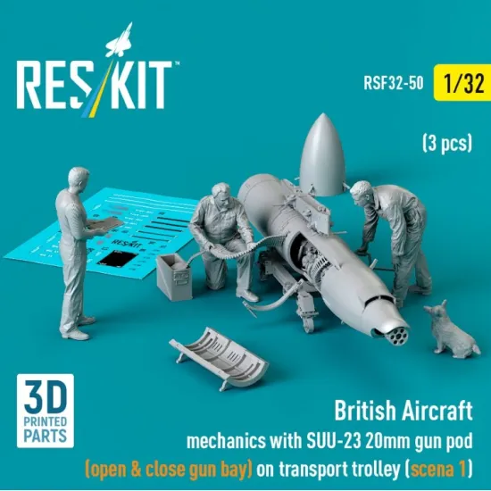 Reskit Rsf32-0050 1/32 British Aircraft Mechanics With Suu23 20mm Gun Pod Open Close Gun Bay On On Transport Trolley Scene 1 3 Pcs 3d Printed