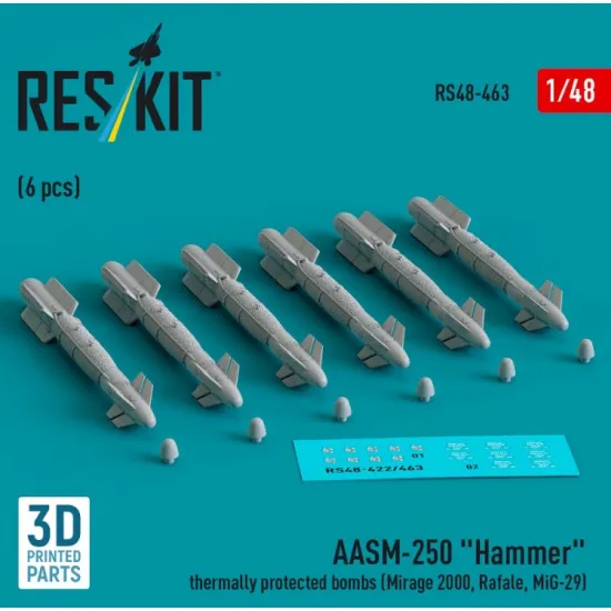 Reskit Rs48-0463 1/48 Aasm 250 Hammer Thermally Protected Bombs 6 Pcs Mirage 2000 Rafale Mig29 3d Printed