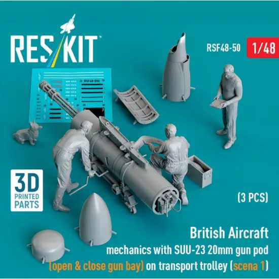 Reskit Rsf48-0050 1/48 British Aircraft Mechanics With Suu 23 20mm Gun Pod Open Close Gun Bay On On Transport Trolley Scene1 3pcs 3dprinted