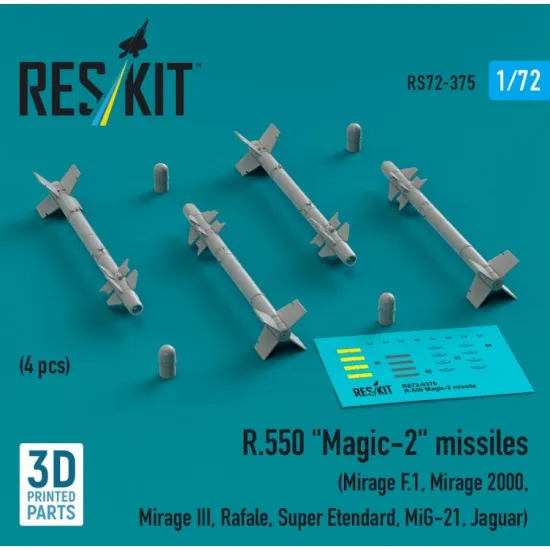 Reskit Rs72-0375 1/72 R.550 Magic-2 Missiles 4 Pcs Mirage F.1 Mirage 2000 Mirage Iii Rafale Super Etendard Mig-21 Jaguar 3d Printed