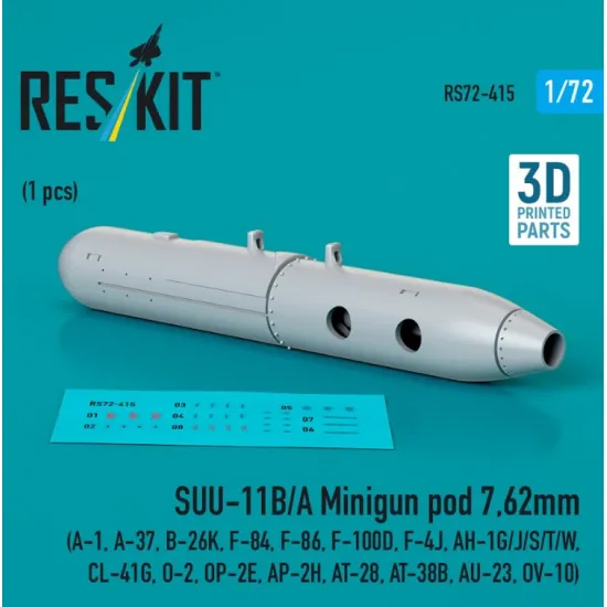 Reskit Rs72-0415 1/72 Suu 11b/A Minigun Pod 7.62mm 1pcs A1 A37 B26k F84 F86 F100d F4j Ah1g/J/S/T/W Cl41g O2 Op2e Ap2h At28 At38b Au23 Ov10 3d Printed