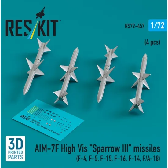 Reskit Rs72-0457 1/72 Aim-7f High Vis Sparrow 3 Missiles 4 Pcs F-4 F-5 F-15 F-16 F-14 Fa-18 3d Printed