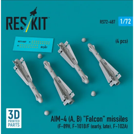 Reskit Rs72-0487 1/72 Aim-4 A B Falcon Missiles 4pcs F-89h F-101b/F Early Late F-102a 3d Printed