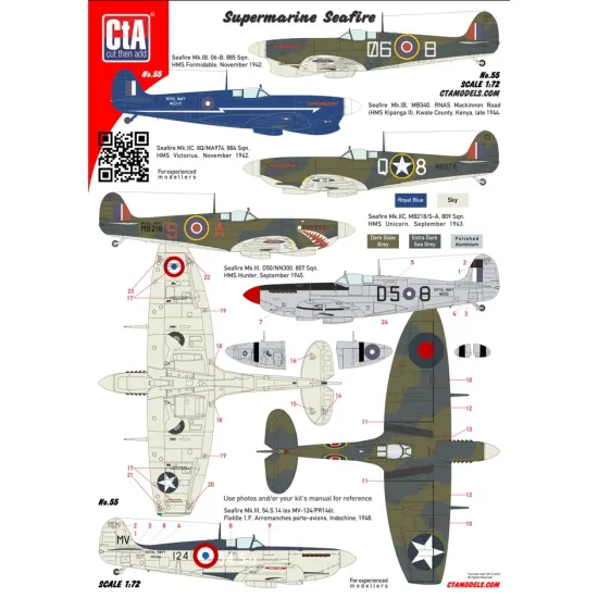 Cta Models 055 1/72 Decal Supermarine Seafire Faa, Aeronavale, 6 Markings