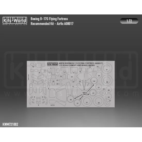 Kits World Kwm72-1002 1/72 Boeing B-17g Flying Fortress Wheels And Canopy Frame Paint Mask Outside Only Designed To Be Used With Airfix Ax08017 Kits