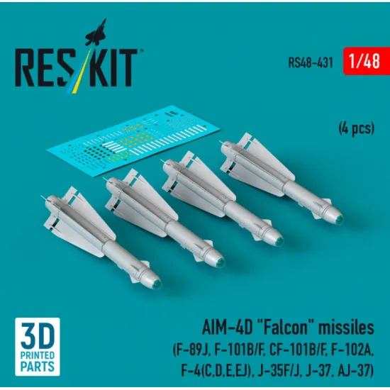 Reskit Rs48-0431 1/48 Aim-4d Falcon Missiles 4 Pcs F-89 F-101b/F Cf-101b/F F-102a F-4 C D E Ej J-35f/J J37 Aj37 3d Printed