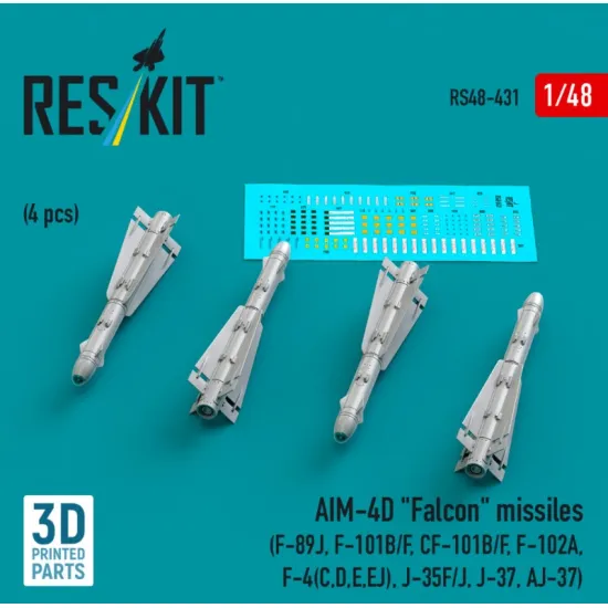 Reskit Rs48-0431 1/48 Aim-4d Falcon Missiles 4 Pcs F-89 F-101b/F Cf-101b/F F-102a F-4 C D E Ej J-35f/J J37 Aj37 3d Printed