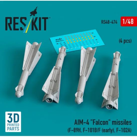 Reskit Rs48-0474 1/48 Aim-4 Falcon Missiles 4 Pcs F-89h F-101b/F Early F-102a 3d Printed