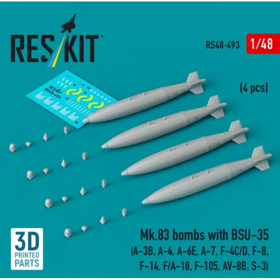 Reskit Rs48-0493 1/48 Mk83 Bombs With Bsu-35 4 Pcs A-3b A-4 A-6e A-7 F-4c/D F-8 F-14 F/A-18 F-105 Av-8b S-3 3d Printed